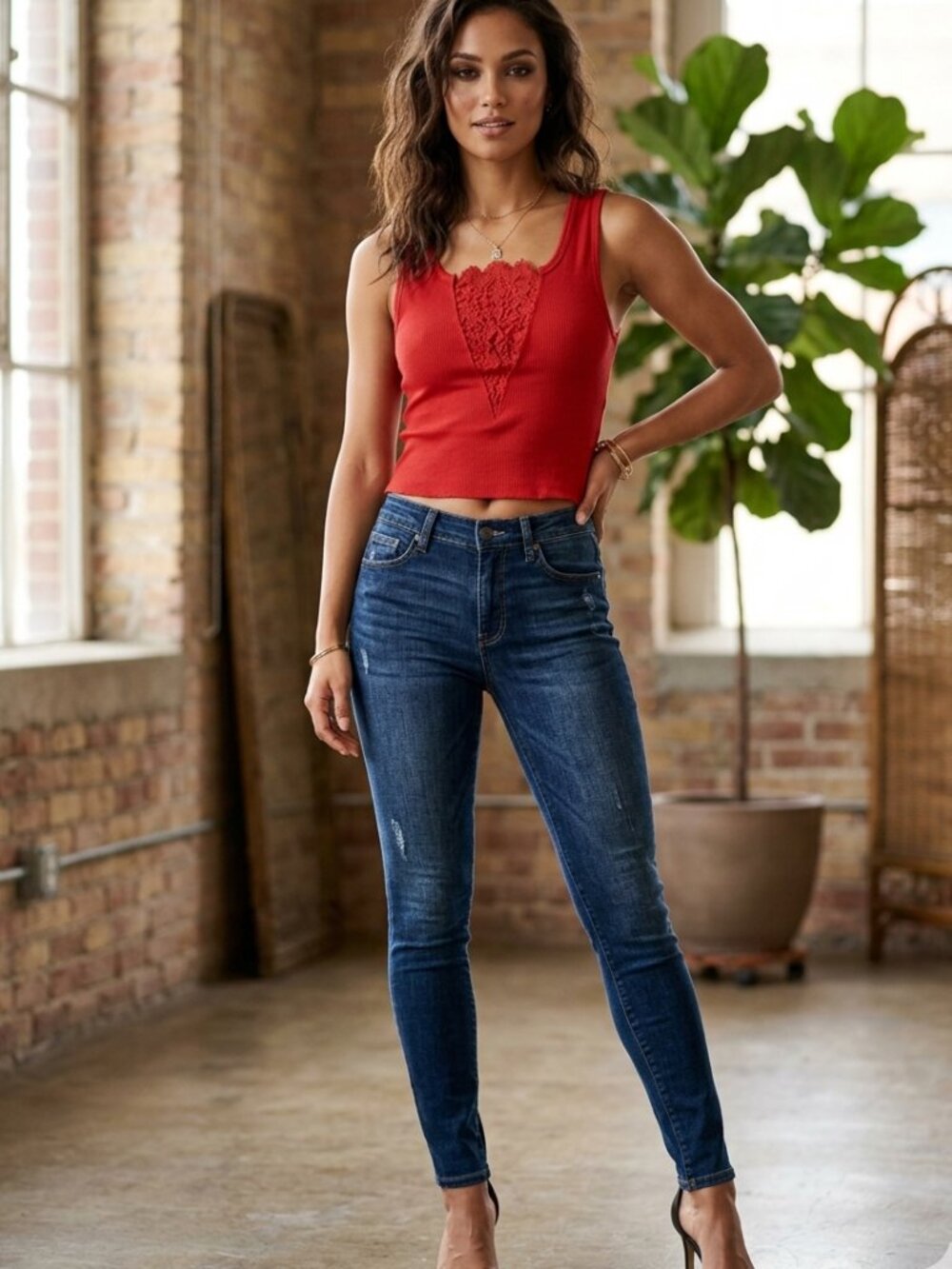 RARE Vintage Victoria's Secret Red Cotton w/Sexy V Lace Accent Tank Top Size L